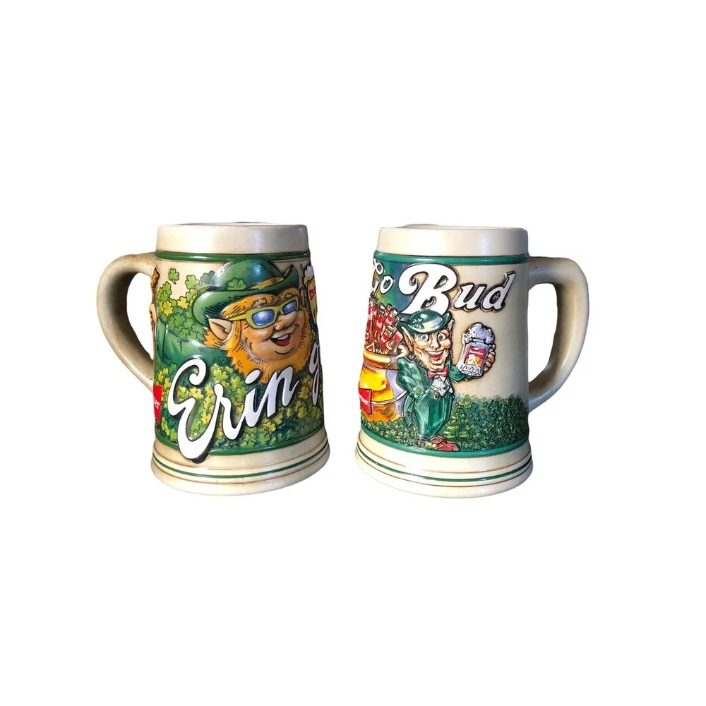 2 Anheuser Budweiser Mugs Stein Erin Go Bud‎ Leprechaun St Patrick's Day 1992